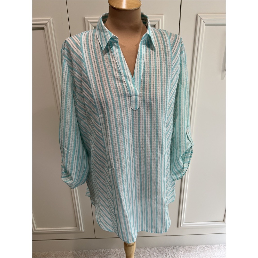 Chico's Striped Popover Tunic Size 2 Lightweight Roll Tab Coastal Mint Green